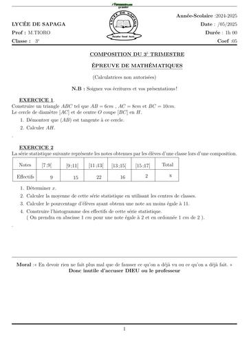 SUJET DE MATHS 3ième TRIMESTRE 3 2025 LYCEE DE SAPAGA BY TEHUA
