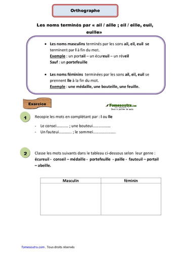 Les noms terminés par « ail / aille ; eil / eille, euil, euille» - Cours CE1
