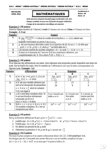 MATHS BAC BLANC SERIE D 2022 DRENA KATIOLA