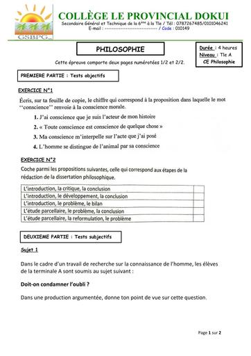 DEVOIRE DE PHILO N°1 niveau Tle A by TEHUA