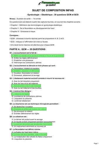INFAS Sujet 30 QCM QCD Gynecologie Obstetrique Toutes Reponses Coloriees BY TEHUA