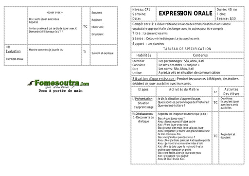 Le jeu avec les amis - Fiche pour enseignant CP1