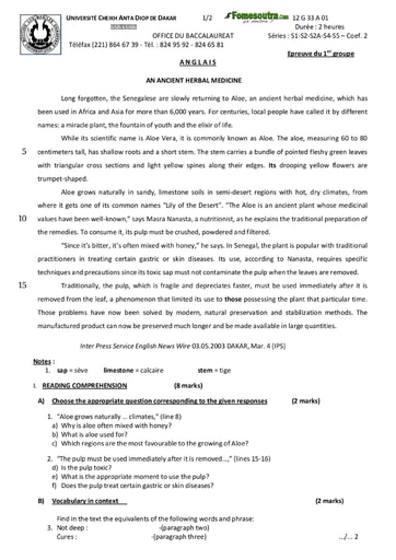 Sujet d'Anglais BAC S2 S2A S4 et S5 2012 - Sénégal