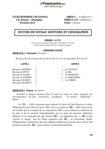 Devoir d'Histoire et Geographie niveau Terminale A C D et E - Lycée Moderne I de Gagnoa