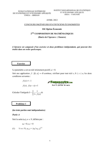 Sujet 2ème épreuve de maths ISE option économie 2012 (ENSEA - ISSEA)