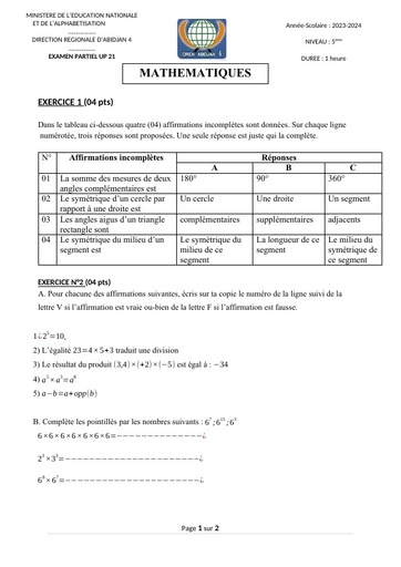 Partiel décembre 2023 Maths 5ième UP21 by Tehua