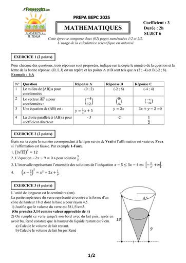 PREPA BEPC 2025  MATHS FICHE 6 BY TEHUA