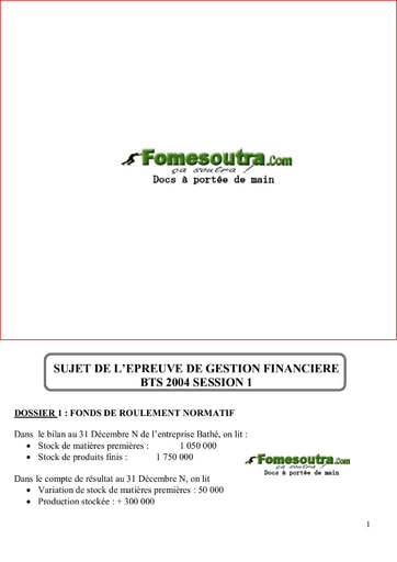 Sujet corrigé de Gestion Financière BTS Finances Comptabilité et Gestion d’Entreprises 2004