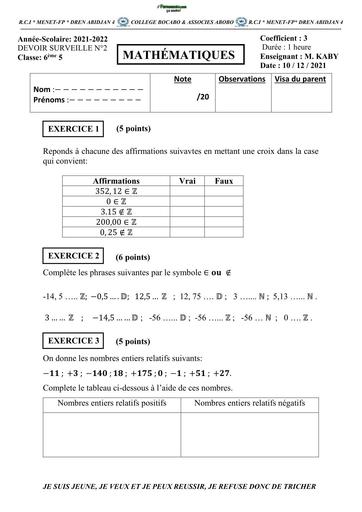 DEVOIR DE NIVEAU MATHS 6ième TRIMESTRE 2 BOCABO 2022 BY TEHUA