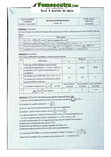 Devoir de Mathématique Terminale D 2020-2021