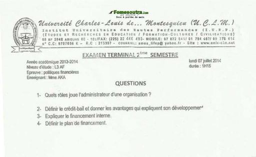 Sujet de Politique financière niveau Licence 3 - Université Charles-Louis De Montesquieu