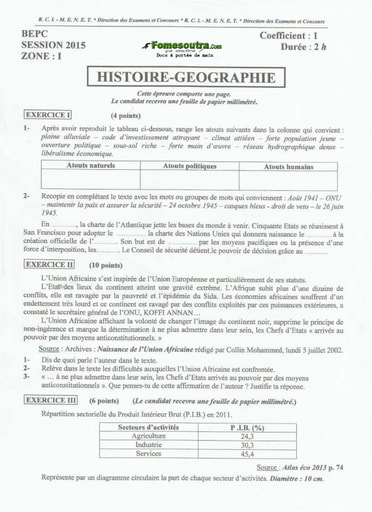 Sujet d'Histoire Geo BEPC 2015 Zone 1