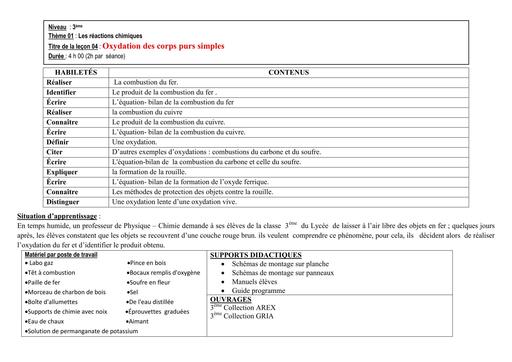 FICHE DE COURS PC 3ième L10  OXYDATION DES CORPS PURS SIMPLE by TEHUA