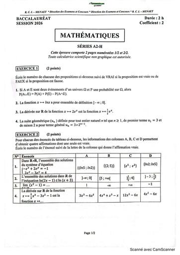 BAC 2026 Maths série A2 H sujet+barème RCI By TEHUA