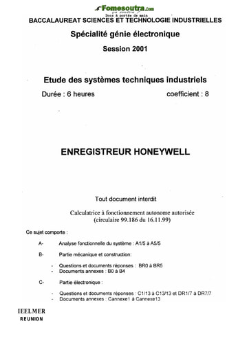 Sujet corrigé Enregistreur Honeywell - BAC Génie Électronique