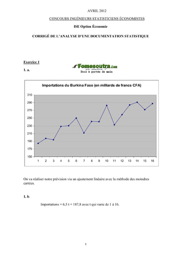 Corrigé Analyse d'une documentation statistique ISE option économie 2012 (ENSEA - ISSEA)