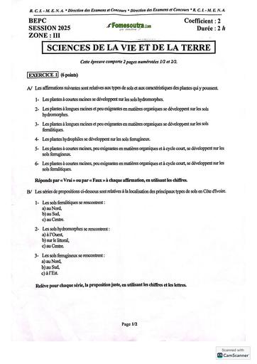 BEPC session 2025 Zone 3 sujet de SVT Côte d'Ivoire By TEHUA