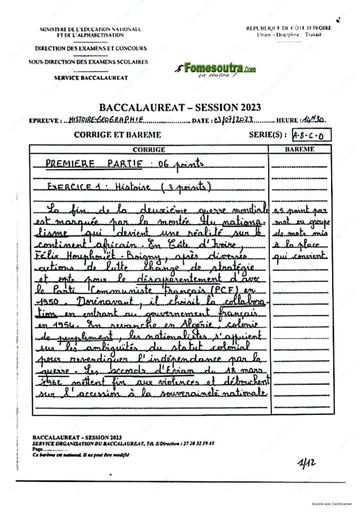 CORRIGE BAC 2023 HISTOIRE GEOGRAPHIE SERIES A B C D COTE D'IVOIRE (1)