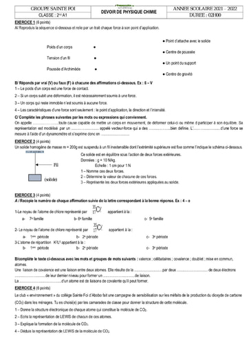 Devoir de Physique-Chimie Niveau Seconde A Collège Sainte Foi Abidjan 2021-2022