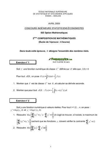 Sujet 2ème épreuve de maths ISE option maths 2005 (ENSEA)