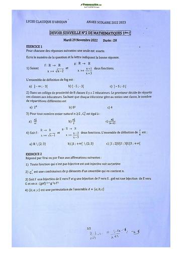 Sujets de mathématiques Première C Lycée Classique Abidjan  2023