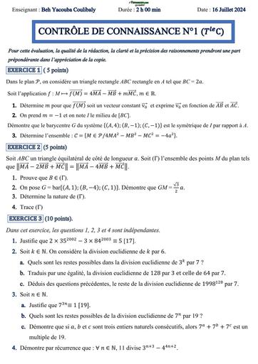 DEVOIR DE MATHS NIVEAU Tle C DRENA ABIDJAN 1 HINNEH BY TEHUA