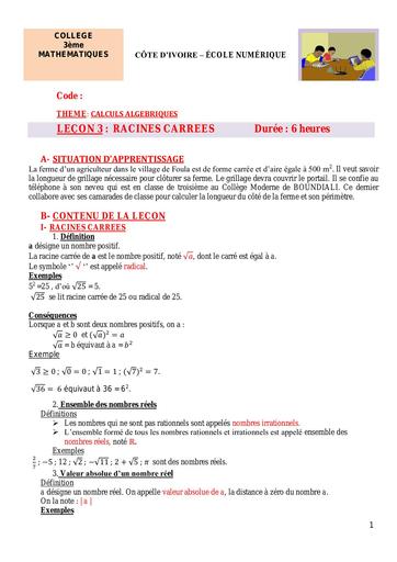 3e Maths 03 RACINES CARREES