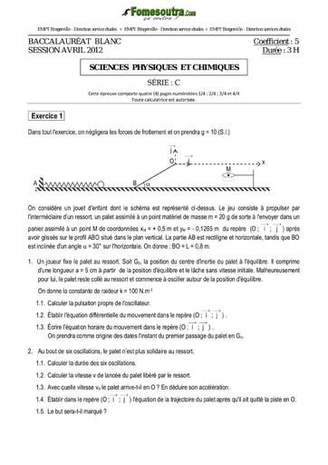 Sujet de Physique-Chimie BAC blanc 2012 série C EMPT Bingerville