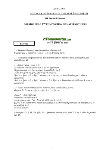 Corrigé 2ème épreuve de maths ISE option économie 2011 (ENSEA - ISSEA)