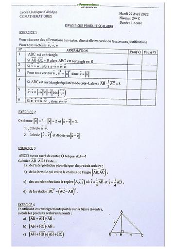 Sujet de Mathématiques Seconde C Lycée Classique Abidjan  2023