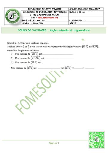 FICHE 9 MATHS 1ière C&D Angles orientés et trigonométrie by TEHUA