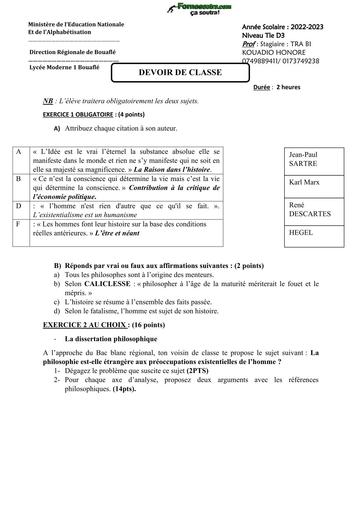 DEVOIR DE PHILO Tle D Lycée Moderne 1 Bouaflé 2023 BY TEHUA