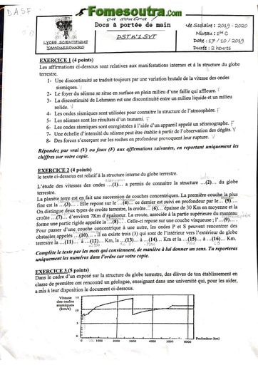 Devoir de SVT niveau Première C - Lycée Scientifique de Yamoussoukro