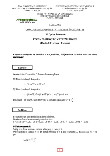 Sujet et Corrigé 1ère épreuve de maths ISE option économie 2015 (ENSEA - ISSEA - ENSAE)