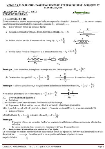 Cours Physique Tle C,D (Module 3 lecon 2 +TD)