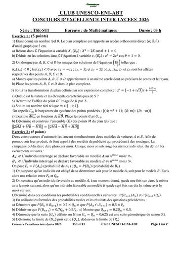 CONCOURS D'EXCELLENCE INTER LYCEE 2026 CLUB UNESCO MATHS SERIE TSE TSI by TEHUA