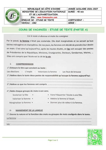 FICHE 3 Français CM2 ETUDE DE TEXTE PARTIE A by TEHUA