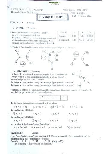 Sujet de Physique-Chimie Première C Lycée Classique Abidjan 2022-2023