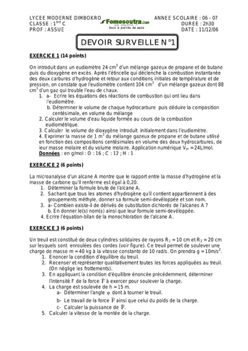 Devoir (1) de Physique-Chimie 1ère C Lycée Moderne de Dimbokro