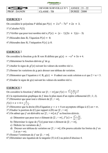 Devoir de Mathématique Niveau Terminale B 2021-2022