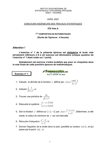 Sujet 1ère épreuve de maths ITS A 2007 (ENSAE - ISSEA)