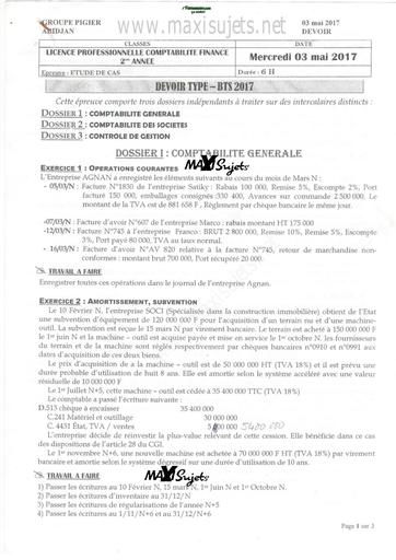 DEVOIR BTS 2017 étude de cas PIGIER CI comptabilité et finance by TEHUA