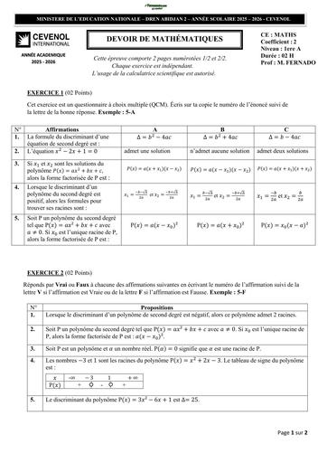DEVOIR DE Maths NIVEAU 1ière A 25 26 Trimestre 1 Cevenol by TEHUA