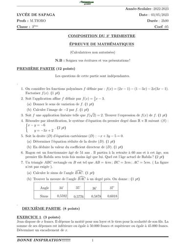 DEVOIR DE MATHS 3ième N°1 COMPO Trimestre 3 LYCEE DE SAPAGA by TEHUA