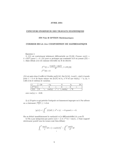 Corrigé 1ère épreuve de maths ITS B option Maths 2004 (ENSEA)