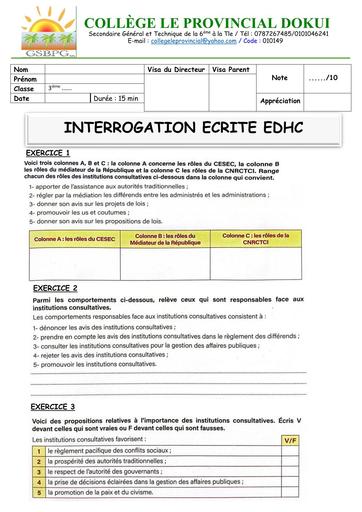 INTERRO 4EDHC 4ième PROVINCIAL