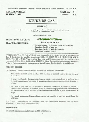 Sujet d'étude de cas BAC G1 2010