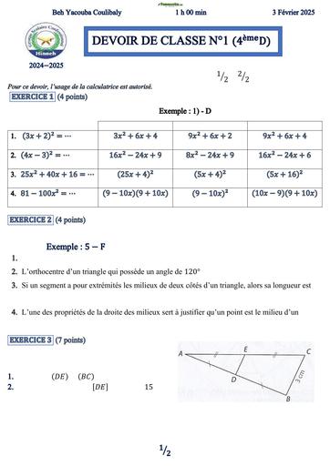 DEVOIR DE CLASSE N°1 MATHS 4ieme DU TRIMESTRE 2 HINNEH 3 FEVRIER 2025 BY TEHUA
