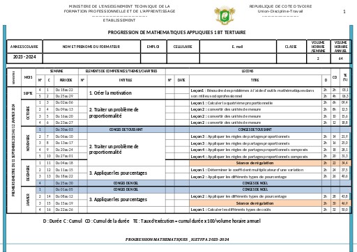 MATHS Appliquées 1 BT TERTIAIRE