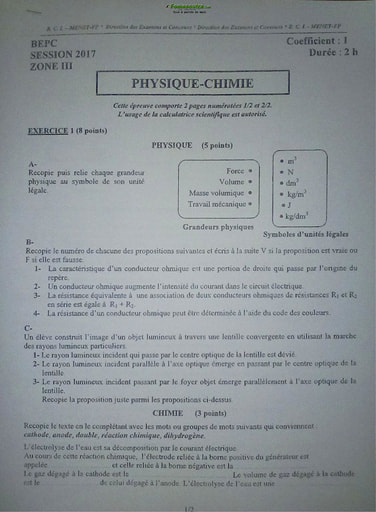 Sujet corrigé et barème de Physique Chimie BEPC 2017 zone 3